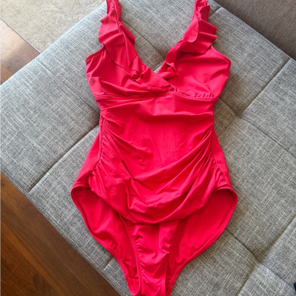 Ralph Lauren Beach Club Red Ruffled V-Neck One-Piece Swimsuit
